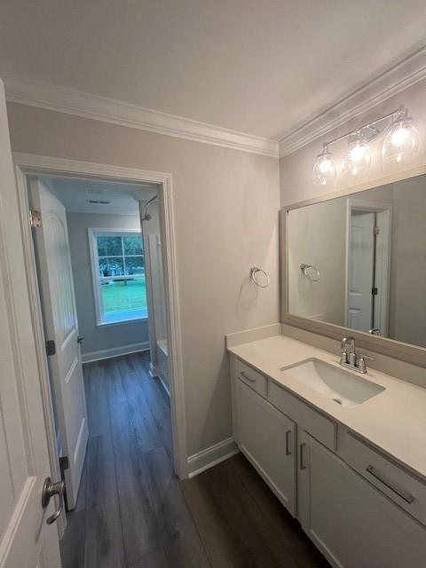 bathroom featuring vanity, ornamental molding, and hardwood / wood-style flooring