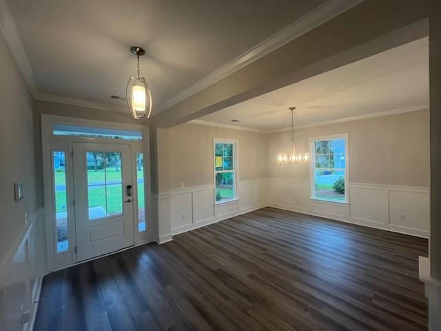 entryway featuring crown molding, plenty of natural light, a chandelier, and dark hardwood / wood-style floors