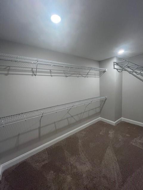 spacious closet featuring dark carpet