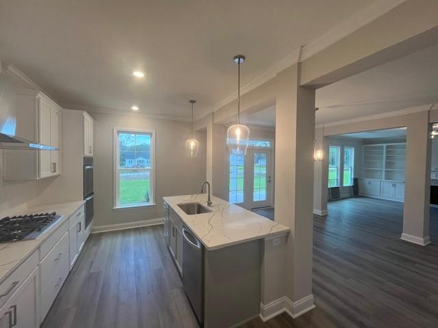 kitchen with a kitchen island with sink, dark wood-type flooring, sink, appliances with stainless steel finishes, and white cabinetry