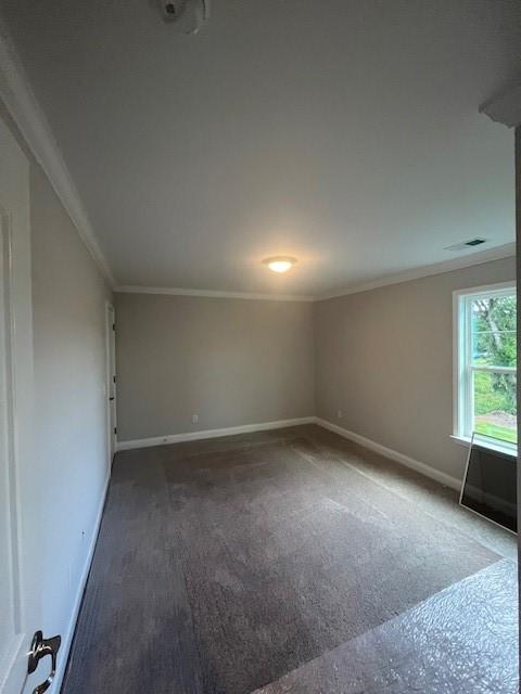 carpeted empty room featuring crown molding