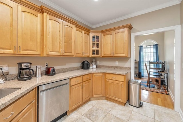 kitchen with glass insert cabinets, light brown cabinetry, ornamental molding, light stone counters, and dishwasher