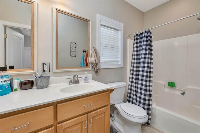 bathroom featuring toilet, shower / bathtub combination with curtain, and vanity