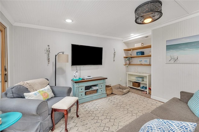 living room with light colored carpet and ornamental molding