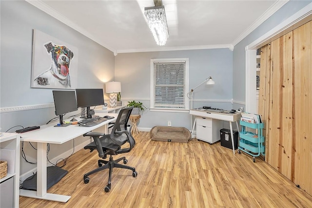 home office featuring crown molding and light hardwood / wood-style flooring