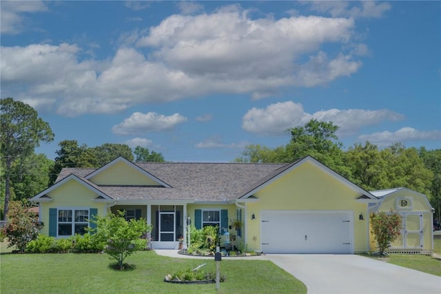 single story home featuring a front yard, driveway, an attached garage, and stucco siding