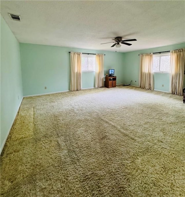 spare room with a textured ceiling, carpet floors, and a healthy amount of sunlight