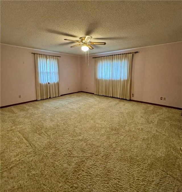 empty room featuring carpet floors, a wealth of natural light, a textured ceiling, and ceiling fan