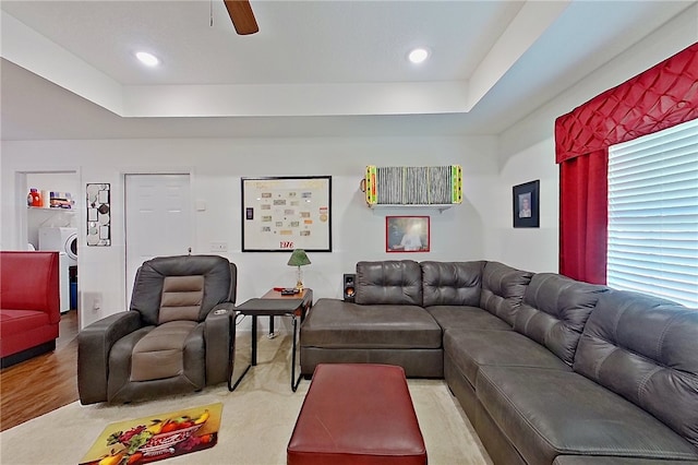 4718 Otter Creek Cir, Blackshear, GA 31516 - living area featuring a raised ceiling, washer / dryer, light wood-type flooring, a ceiling fan, and recessed lighting