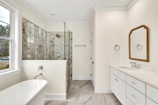 bathroom with vanity, crown molding, and independent shower and bath