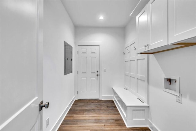 mudroom featuring dark hardwood / wood-style floors and electric panel