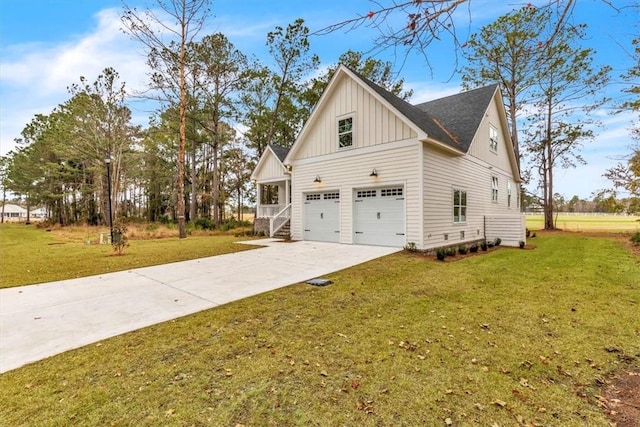 view of home's exterior featuring a garage and a lawn