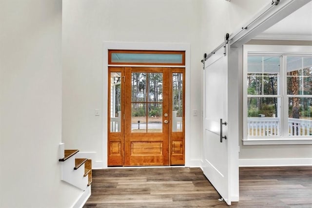 foyer with dark hardwood / wood-style flooring, a wealth of natural light, ornamental molding, and a barn door