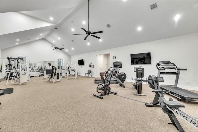 workout area with high vaulted ceiling and ceiling fan