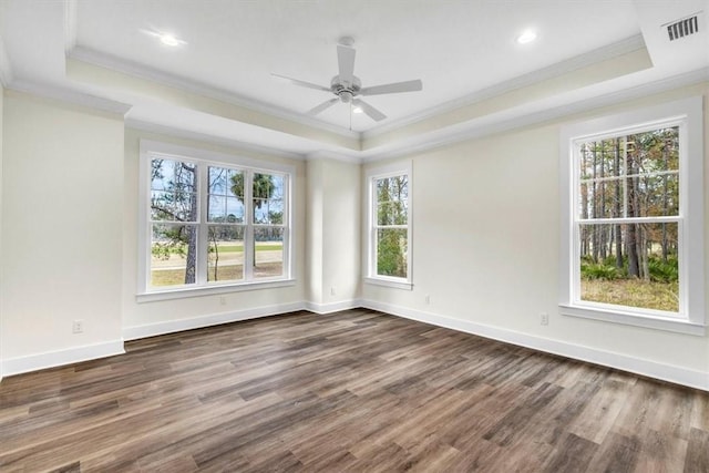 empty room with ceiling fan, ornamental molding, wood-type flooring, and a raised ceiling