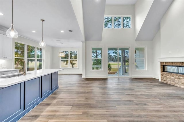 unfurnished living room featuring sink, a fireplace, and hardwood / wood-style floors