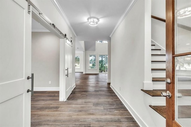 hallway featuring wood-type flooring, ornamental molding, and a barn door