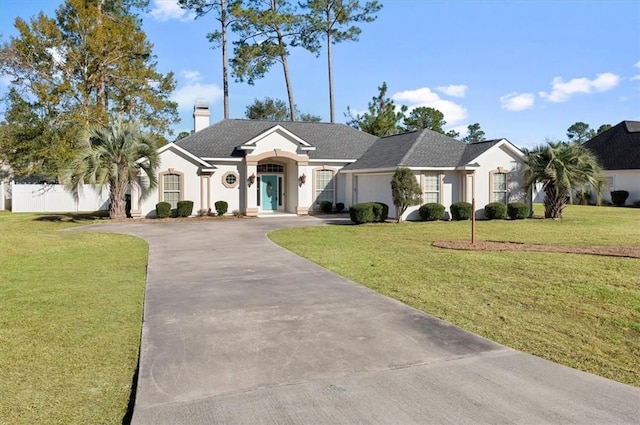 single story home with a front lawn