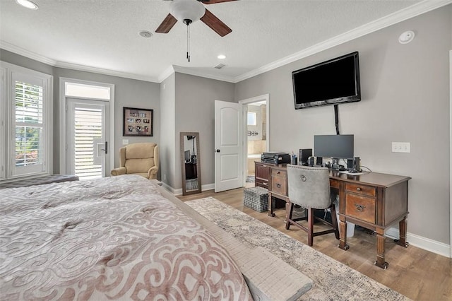 bedroom featuring a textured ceiling, light wood-type flooring, ceiling fan, and crown molding