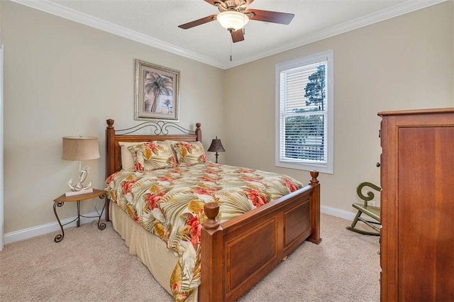 bedroom with light carpet, ceiling fan, and ornamental molding