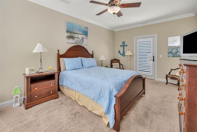 bedroom featuring ceiling fan, ornamental molding, and light carpet