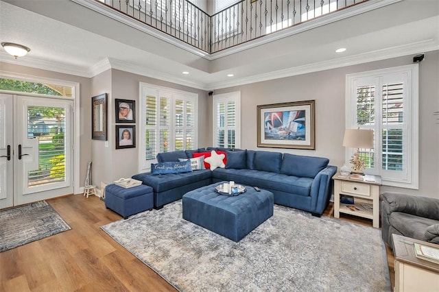 living room featuring french doors, plenty of natural light, and hardwood / wood-style floors