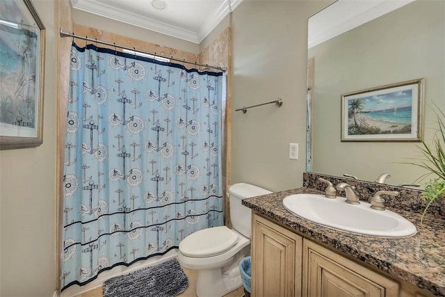 bathroom featuring tile patterned floors, vanity, crown molding, toilet, and curtained shower