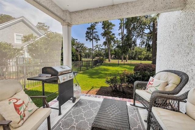 view of patio / terrace with an outdoor hangout area and a grill