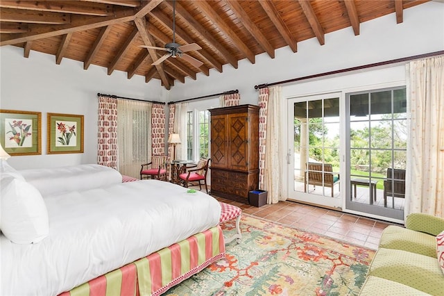 bedroom featuring wooden ceiling, ceiling fan, access to exterior, beamed ceiling, and light tile patterned flooring