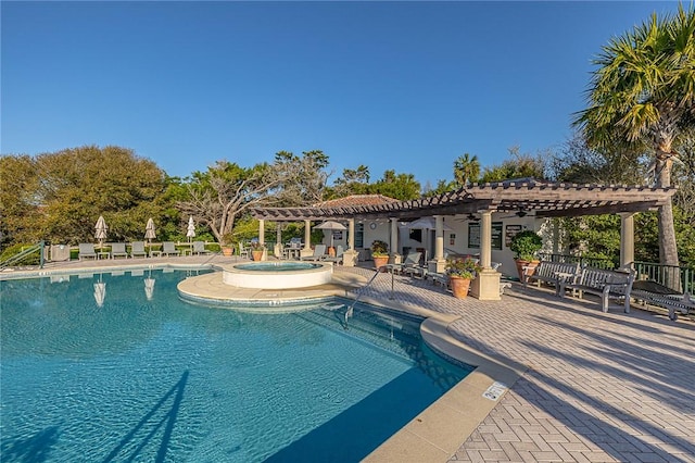 view of pool featuring a pergola, a patio area, ceiling fan, and a community hot tub