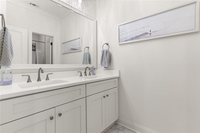 full bathroom with marble finish floor, visible vents, a sink, and double vanity