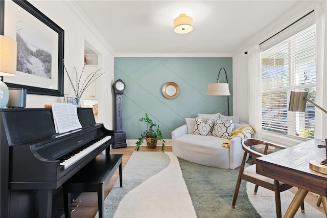 living room featuring crown molding and wood finished floors