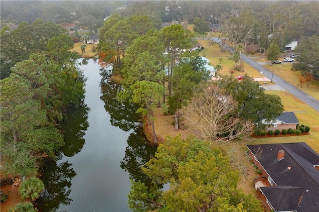 drone / aerial view featuring a water view