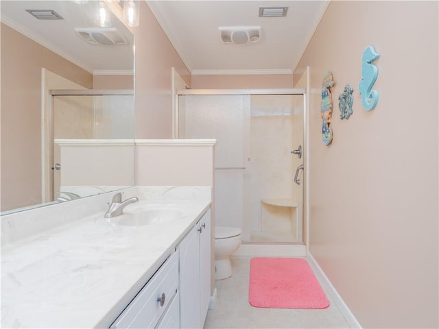 bathroom with tile patterned flooring, toilet, ornamental molding, and a shower with door