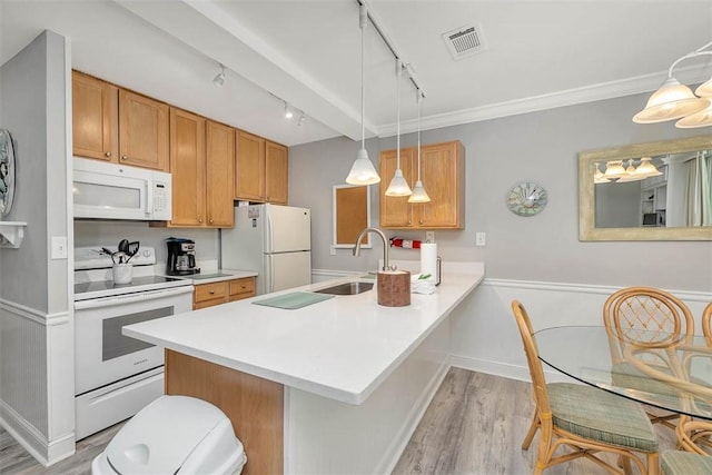 kitchen featuring a sink, light wood finished floors, white appliances, rail lighting, and visible vents