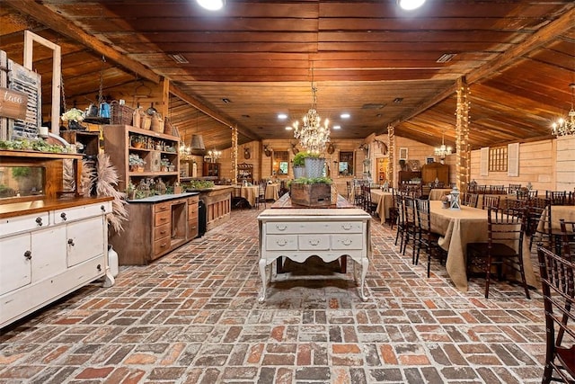 interior space featuring a center island, a notable chandelier, lofted ceiling, hanging light fixtures, and wood ceiling