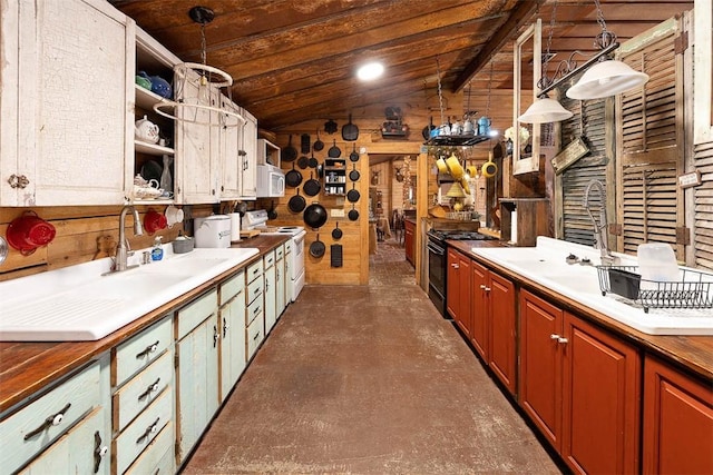 kitchen with wooden ceiling, white appliances, open shelves, and decorative light fixtures