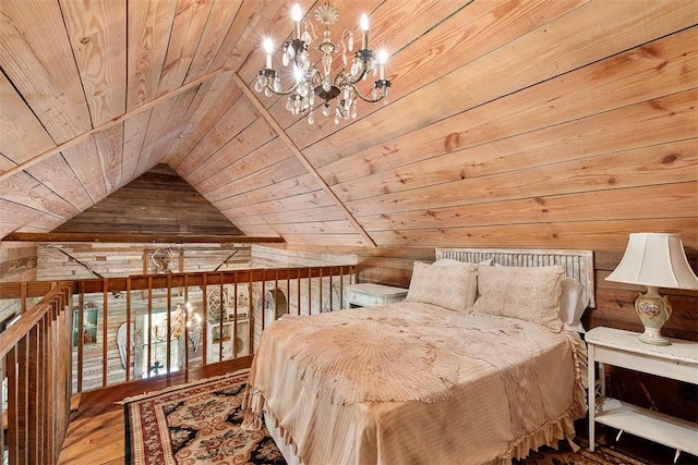 bedroom with lofted ceiling, wood ceiling, wood finished floors, an inviting chandelier, and wood walls