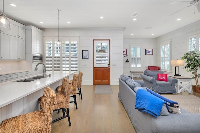 living room featuring wood walls, plenty of natural light, light wood-type flooring, and sink