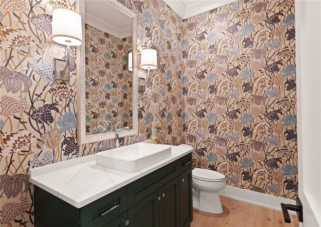 49 Hatton Ln, Saint Simons Island, GA 31522 - bathroom with wallpapered walls, wood finished floors, toilet, and vanity