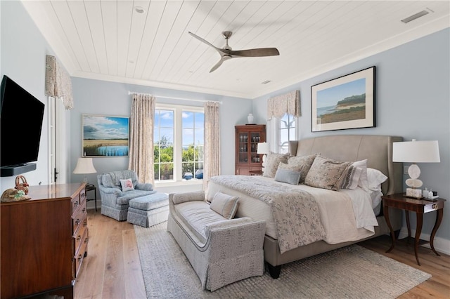 49 Hatton Ln, Saint Simons Island, GA 31522 - bedroom with light wood-style flooring, multiple windows, wood ceiling, and ceiling fan