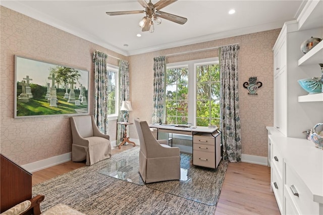 49 Hatton Ln, Saint Simons Island, GA 31522 - office area with wallpapered walls, light wood-style floors, ornamental molding, ceiling fan, and baseboards