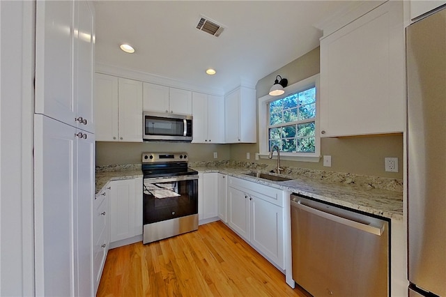 kitchen with white cabinetry, appliances with stainless steel finishes, a sink, and visible vents