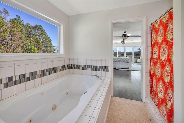 bathroom with plus walk in shower and a textured ceiling