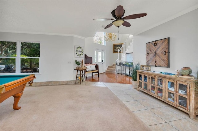 rec room featuring pool table, ceiling fan, crown molding, and light tile patterned flooring