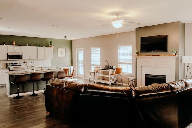 272 NE Whippoorwill Way, Ludowici, GA 31316 - living area featuring ceiling fan, dark wood-style flooring, and a tile fireplace