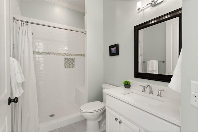 bathroom with walk in shower, tile patterned floors, vanity, and toilet