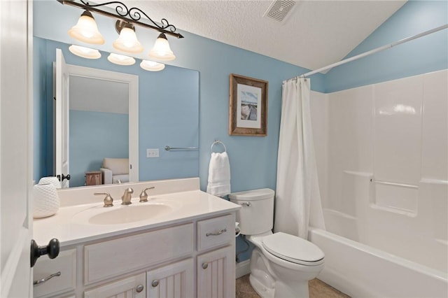 full bathroom with lofted ceiling, vanity, a textured ceiling, toilet, and shower / bath combo with shower curtain