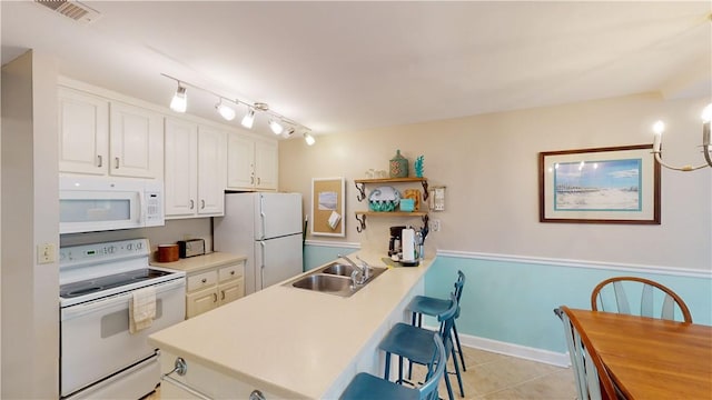 kitchen with white appliances, sink, kitchen peninsula, a kitchen bar, and white cabinetry