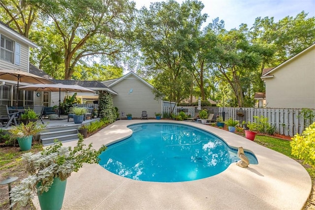 view of pool with a fenced backyard, a deck, and a patio area